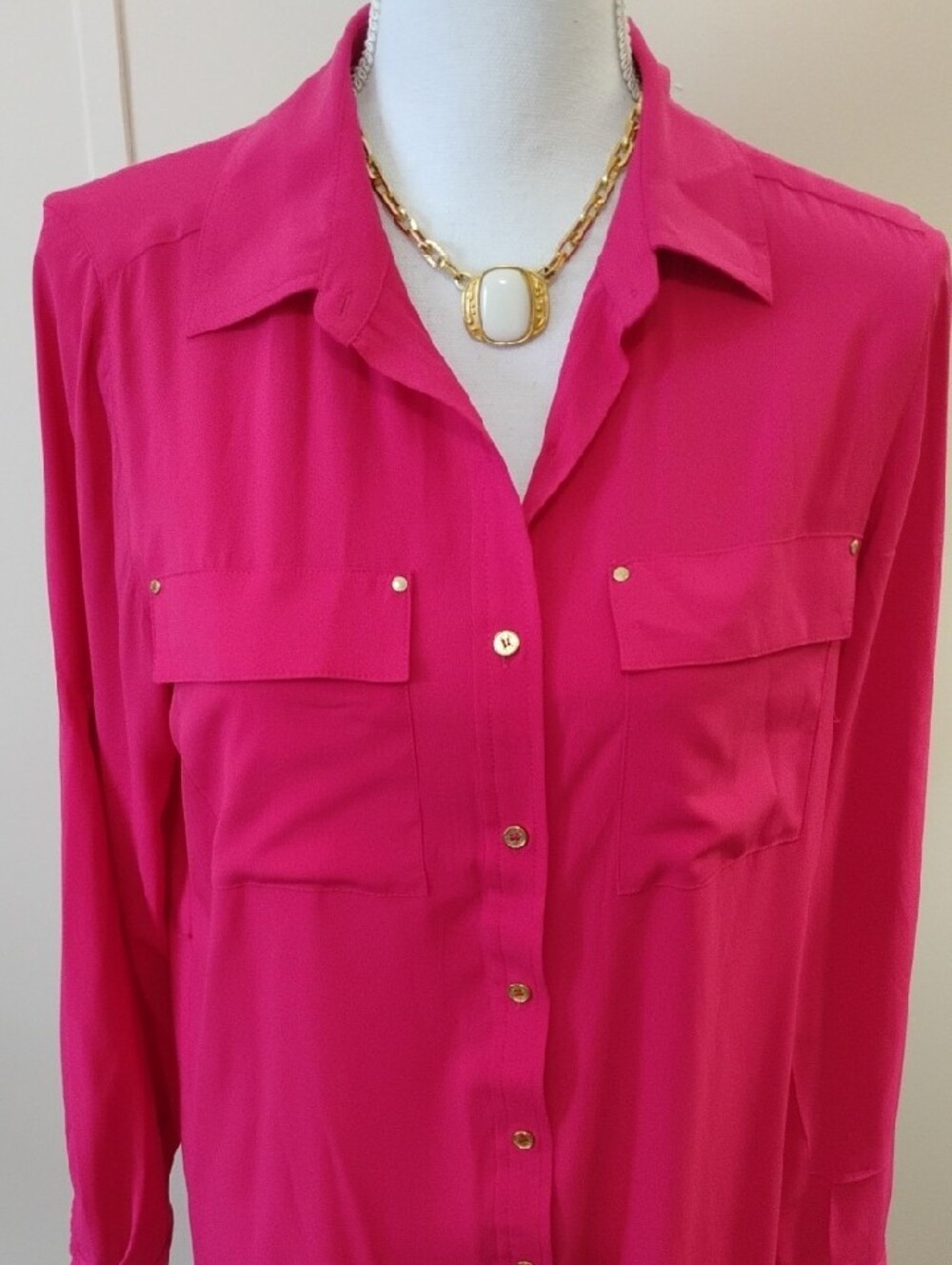 Calvin Klein Hot Pink Button-Front Midi Shirt Dress - Picture 2 of 7